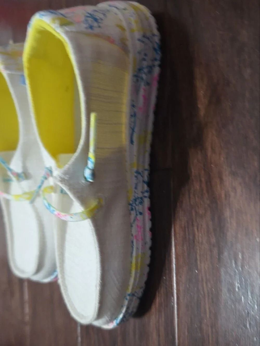 Hey Dude Kids White Canvas Slip-Ons with Yellow Lining and Multicolor Trim